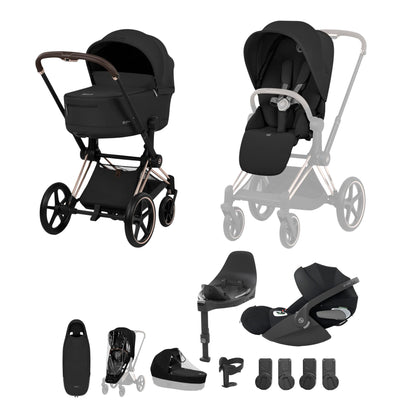 Cybex Priam comfort collection pushchair, carrycot and footmuff in sepia black colourway on a rose gold chassis, complete with cloud t car seat & base. 