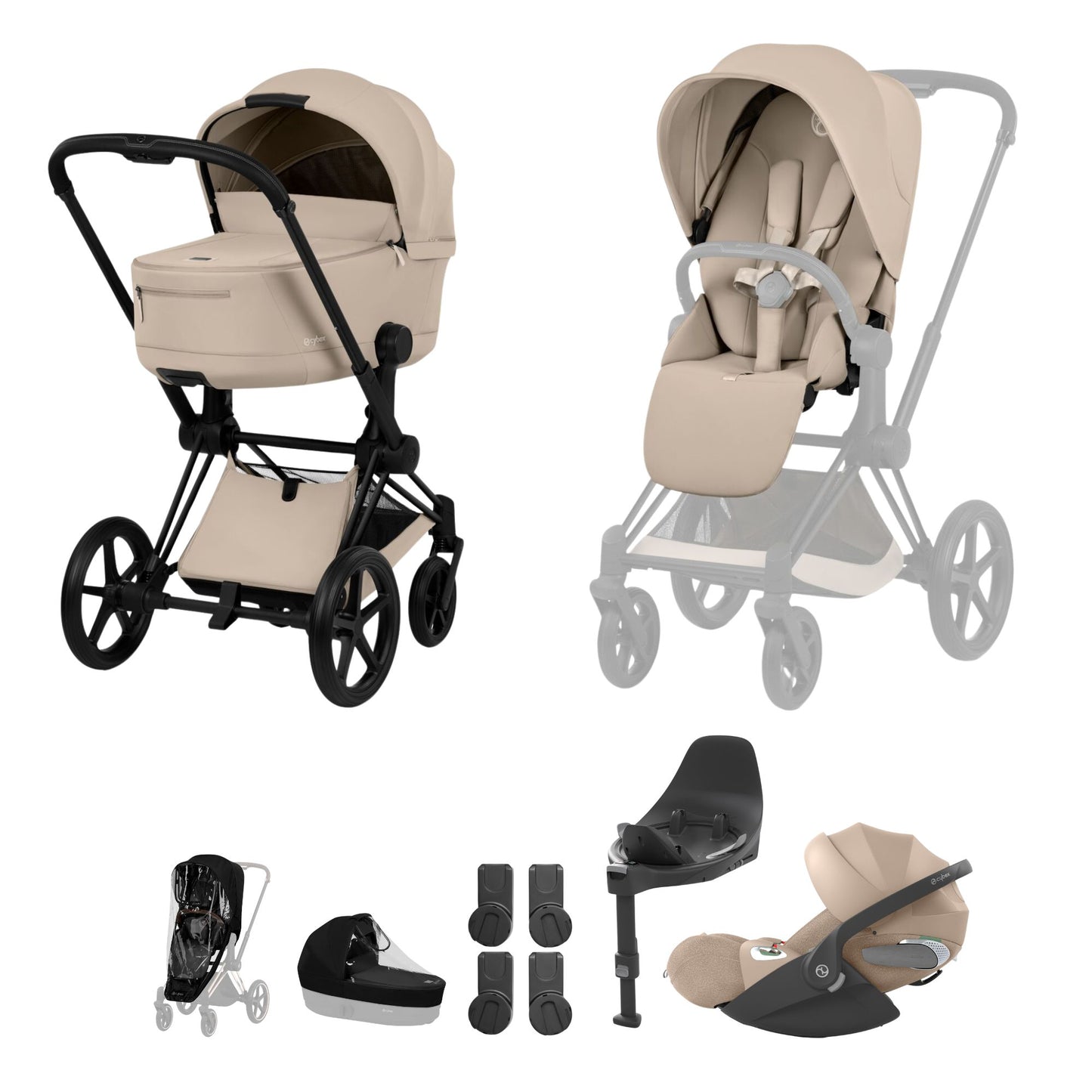 Cybex Priam comfort collection pushchair and carrycot in cozy beige colourway on a matt black chassis, complete with cloud t car seat & base. 