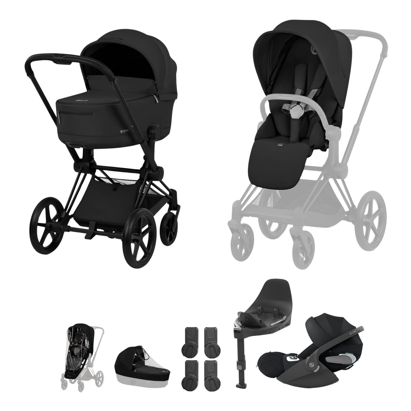 Cybex Priam comfort collection pushchair and carrycot in sepia black colourway on a matt black chassis, complete with cloud t car seat & base. 