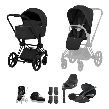 Cybex Priam comfort collection pushchair and carrycot in sepia black colourway on a matt black chassis, complete with cloud t car seat & base. 