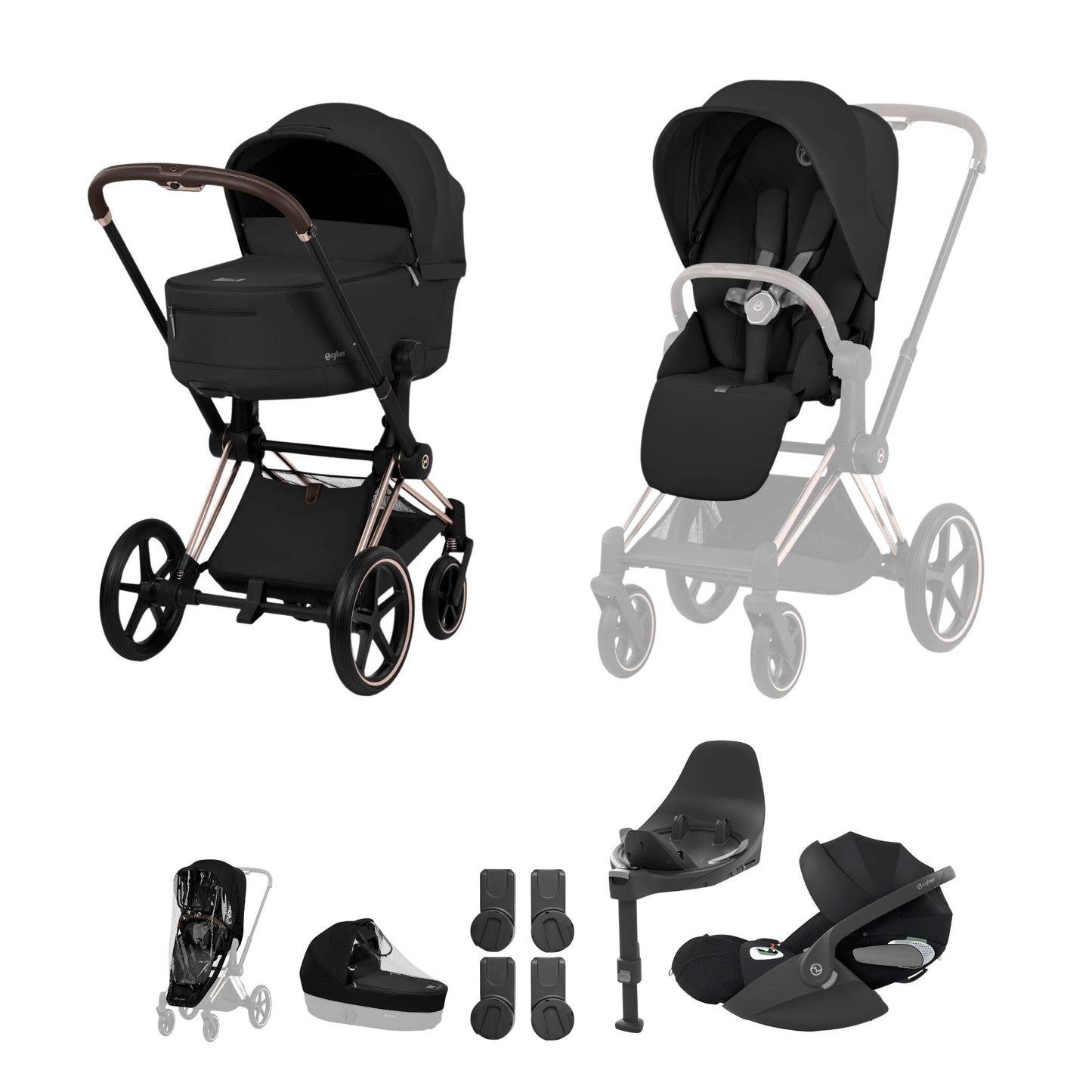 Cybex Priam comfort collection pushchair and carrycot and in sepia black colourway on a rose gold chassis, complete with cloud t car seat & base. 