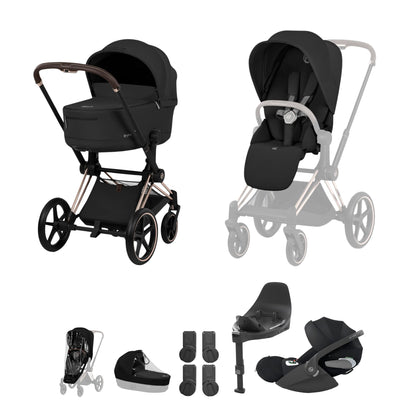 Cybex Priam comfort collection pushchair and carrycot and in sepia black colourway on a rose gold chassis, complete with cloud t car seat & base. 