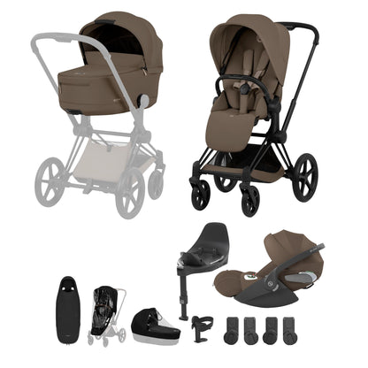 Cybex Priam comfort collection pushchair, carrycot and footmuff in coconut brown colourway on a matt black chassis, complete with cloud t car seat & base. 