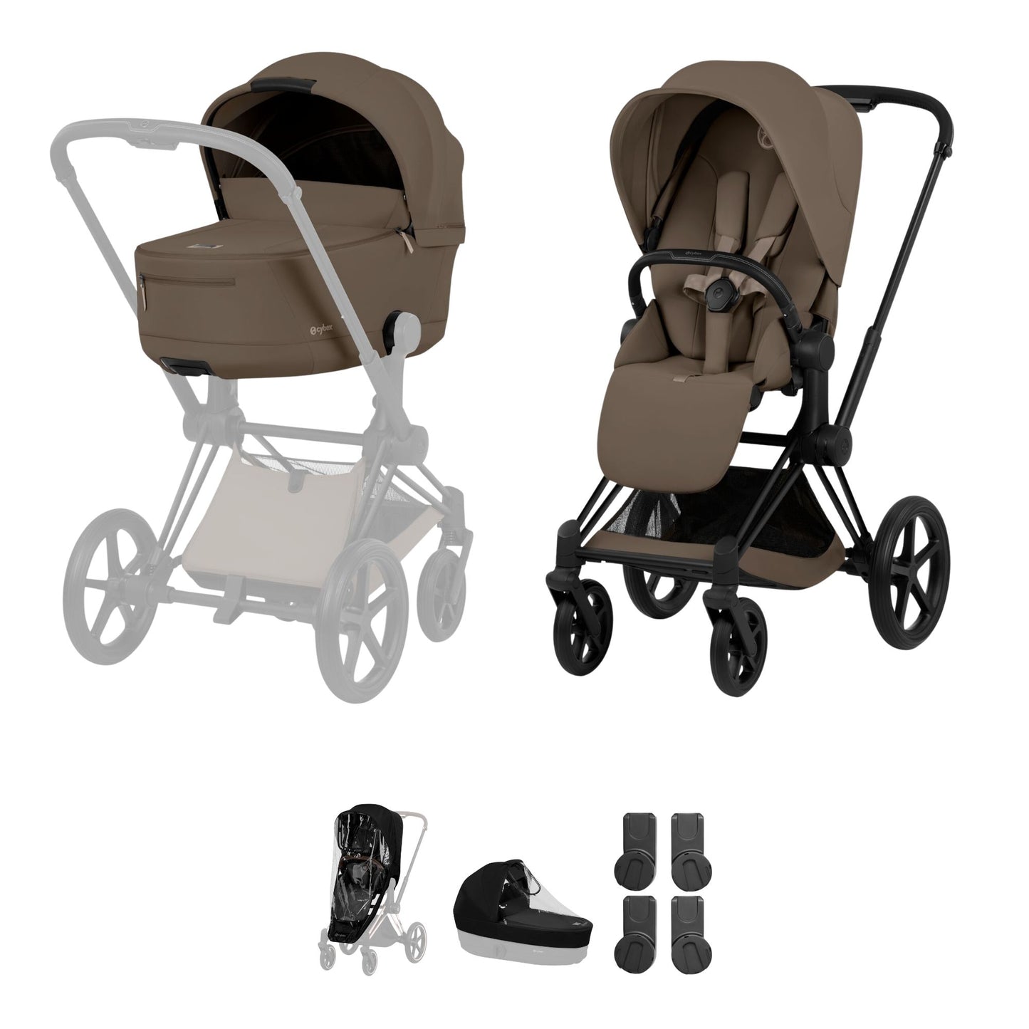 Cybex Priam Comfort combo in coconut brown colour and matt black chassis.
