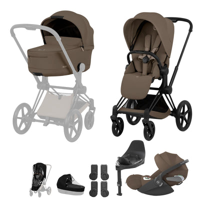 Cybex Priam comfort collection pushchair and carrycot in COCONUT BROWN colourway on a matt black chassis, complete with cloud t car seat & base. 