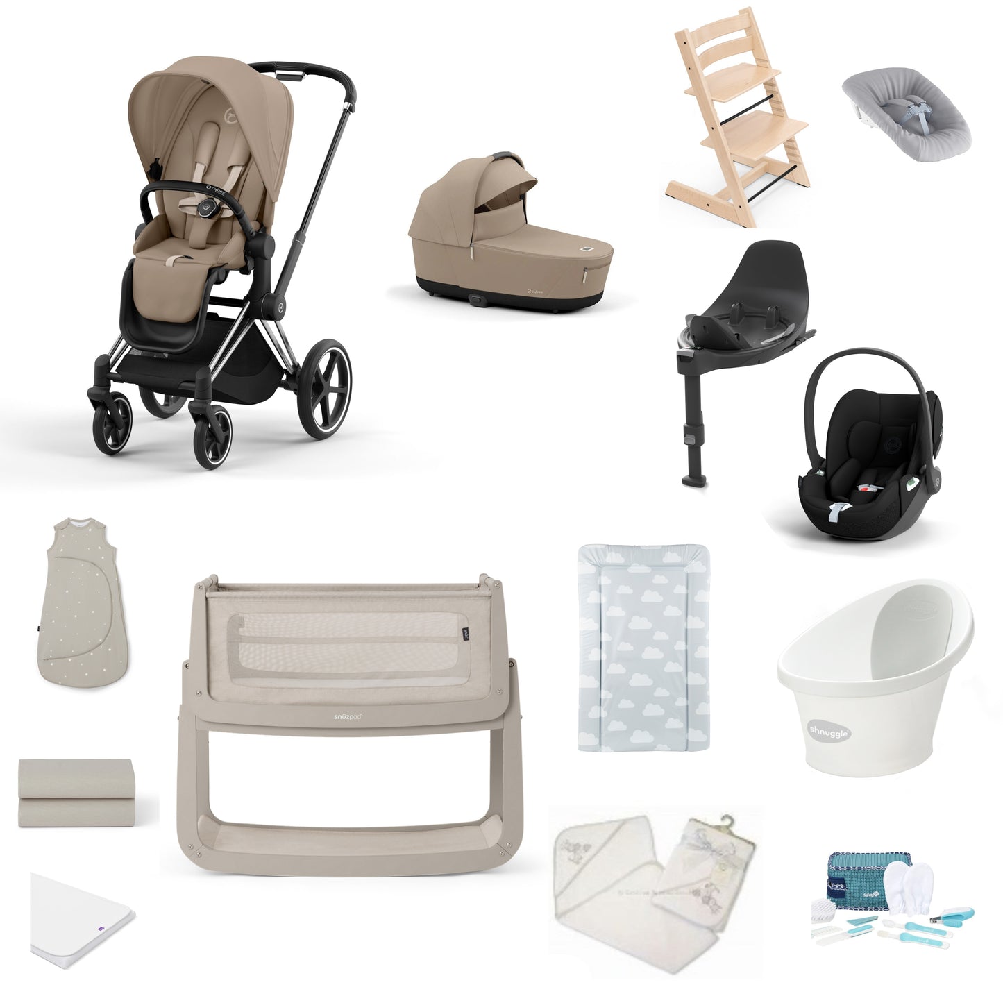 Cybex Priam Pushchair & carrycot in Cozy Beige, complete with all babies essential including car seat, tripp trapp highchair, crib and bath.
