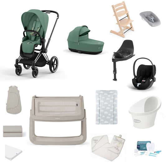 Cybex Priam Pushchair & carrycot in Leaf Green, complete with all babies essential including car seat, tripp trapp highchair, crib and bath.