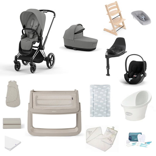 Cybex Priam Pushchair & carrycot in Mirage Grey, complete with all babies essential including car seat, tripp trapp highchair, crib and bath.