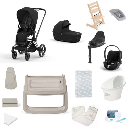 Cybex Priam Pushchair & carrycot in Sepia Black, complete with all babies essential including car seat, tripp trapp highchair, crib and bath.