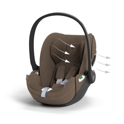 Cybex Cloud T car seat in Coconut Brown colourway, highlighting contemporary safety features.