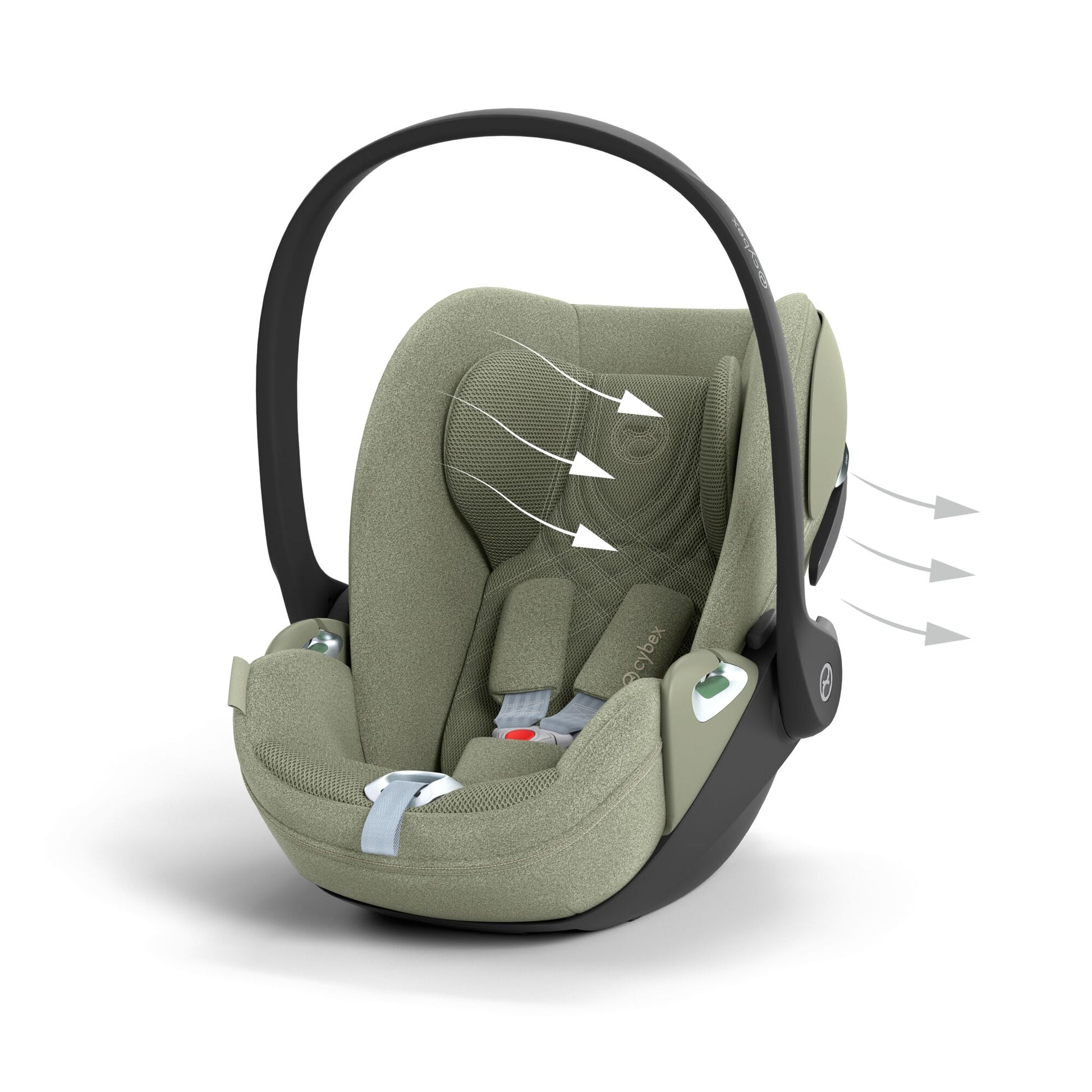 Cybex Cloud T car seat in Sage Green colourway, highlighting contemporary safety features.