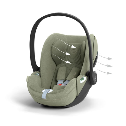 Cybex Cloud T car seat in Sage Green colourway, highlighting contemporary safety features.