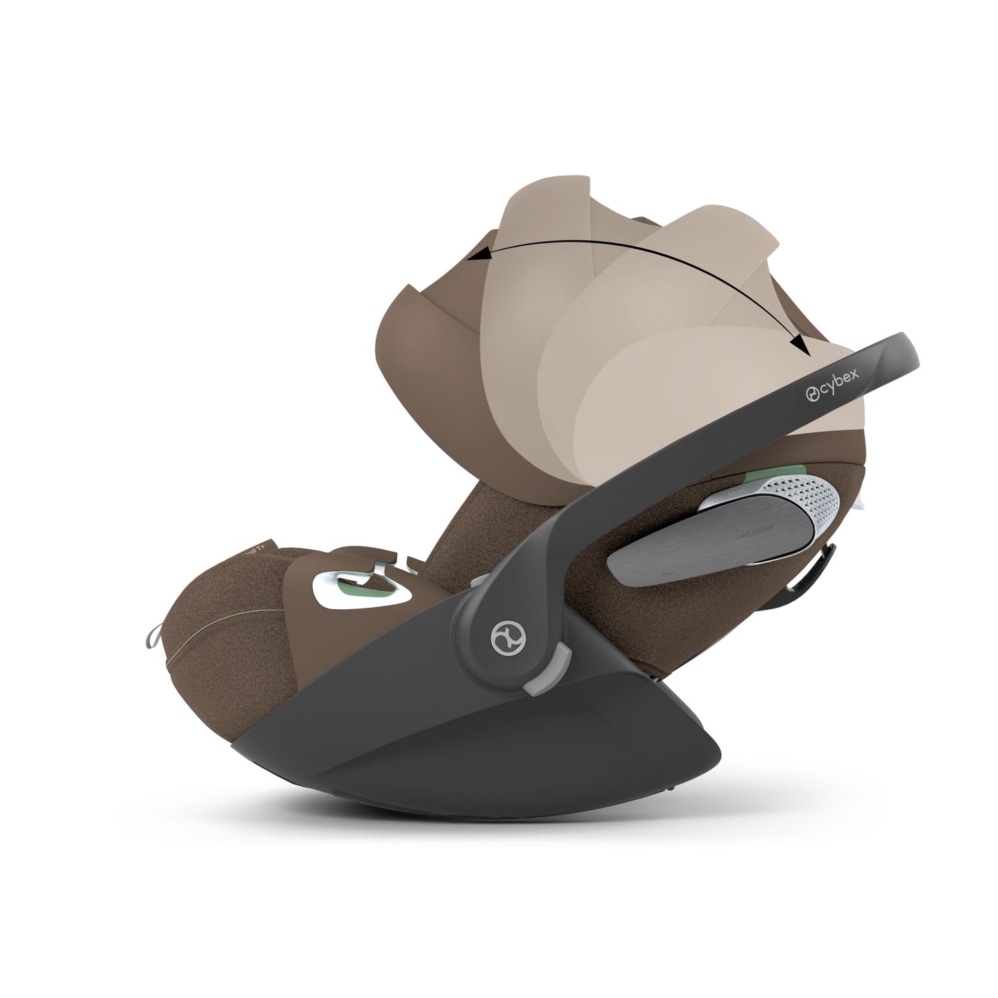 Cybex Cloud T car seat in Coconut Brown colourway, highlighting contemporary safety features.