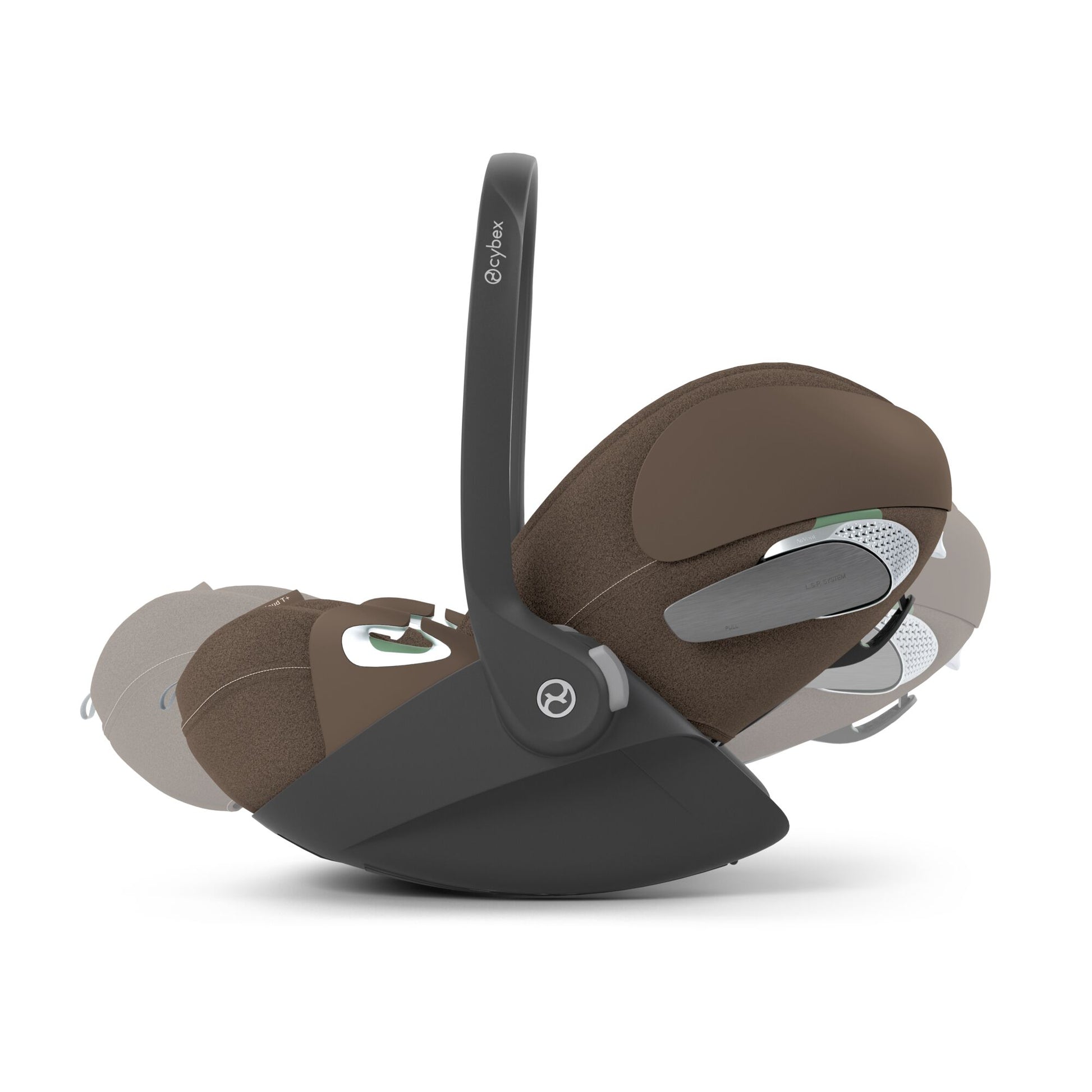 Cybex Cloud T car seat in Coconut Brown colourway, highlighting contemporary safety features.