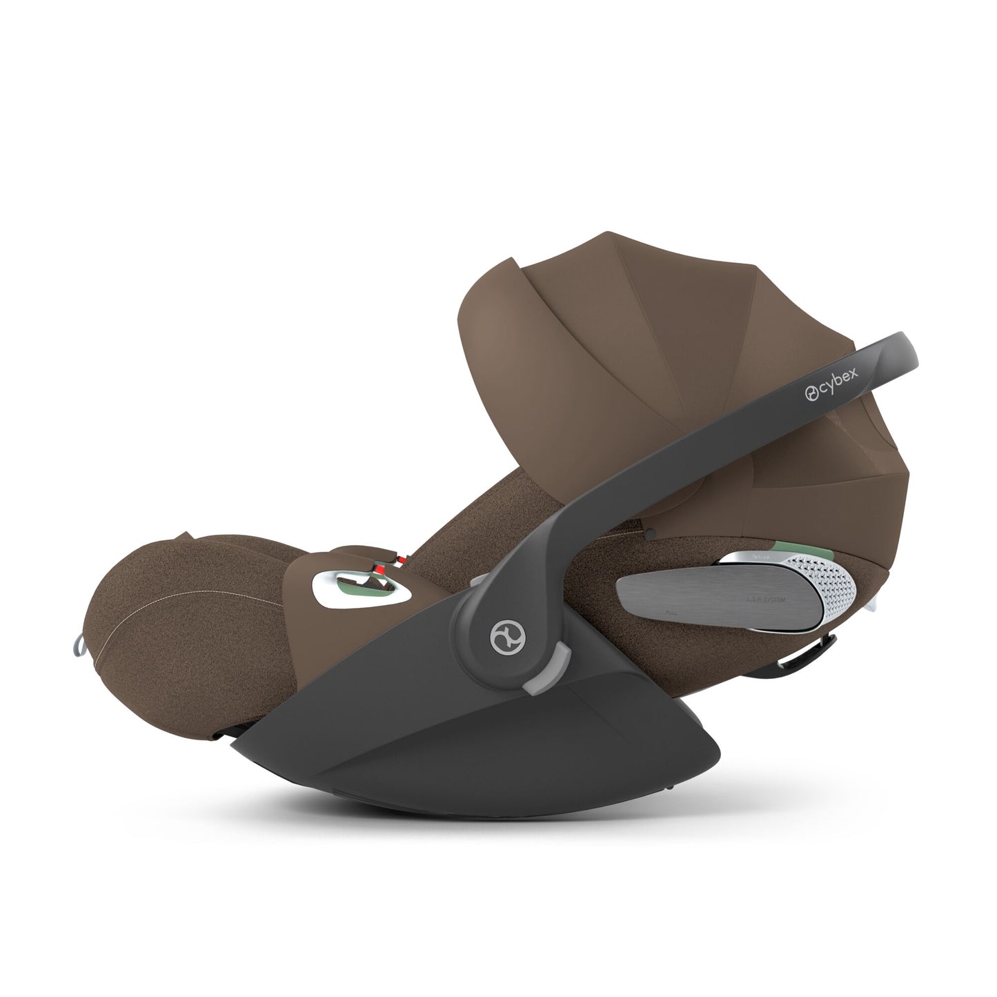 Cybex Cloud T car seat in Coconut Brown colourway, highlighting contemporary safety features.