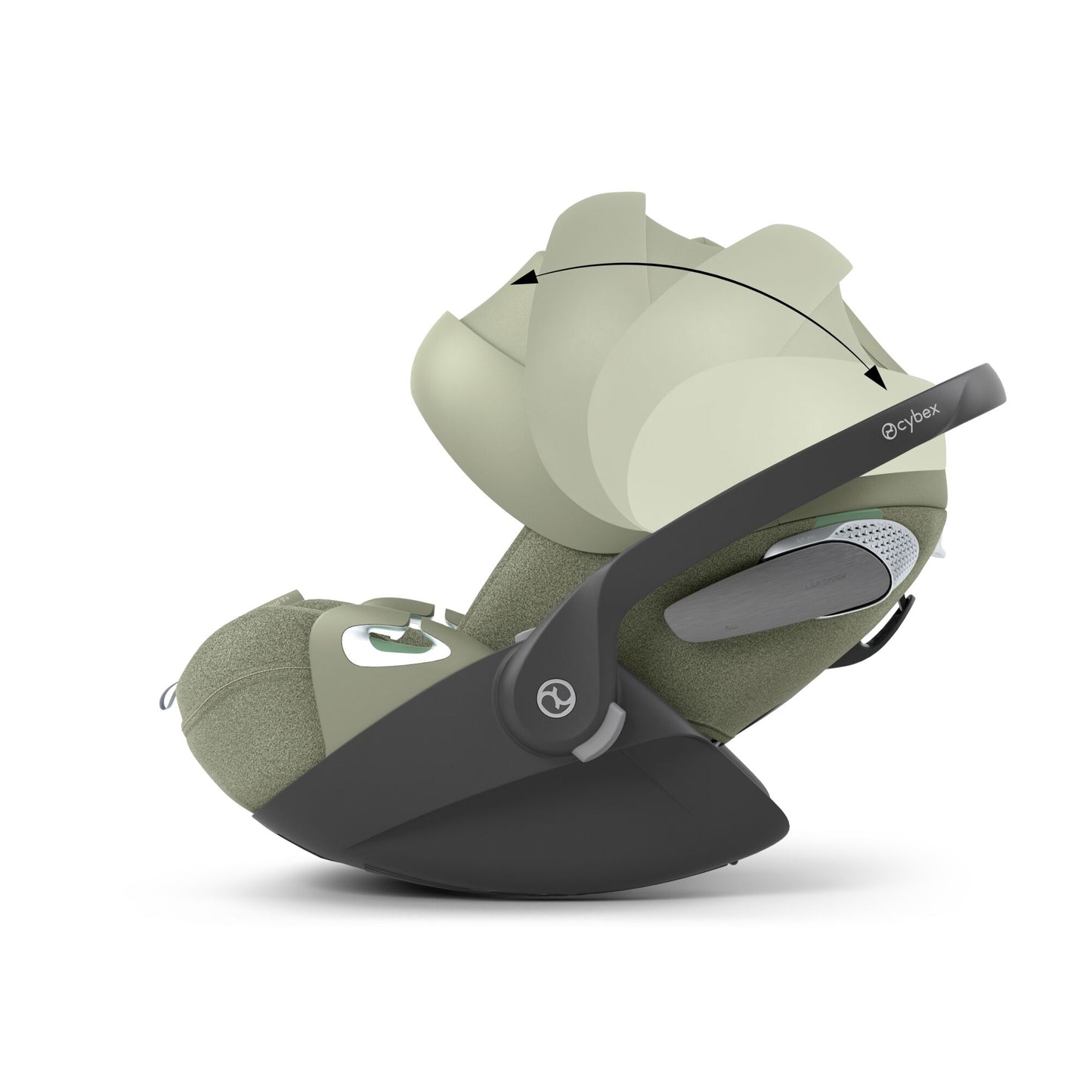 Cybex Cloud T car seat in Sage Green colourway, highlighting contemporary safety features.