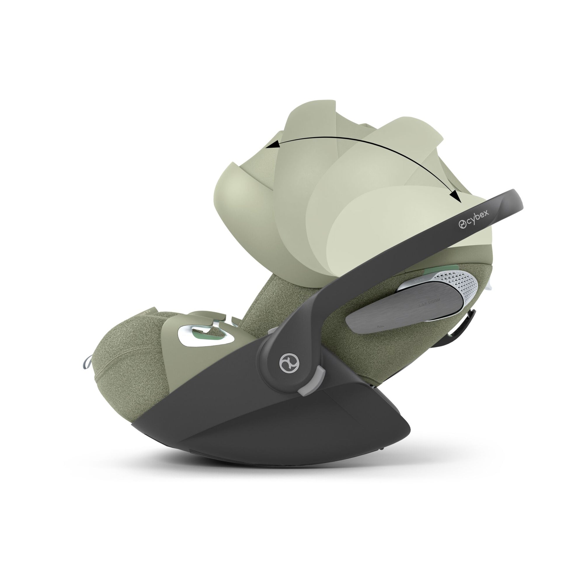 Cybex Cloud T car seat in Sage Green colourway, highlighting contemporary safety features.