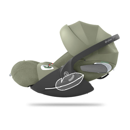 Cybex Cloud T car seat in Sage Green colourway, highlighting contemporary safety features.