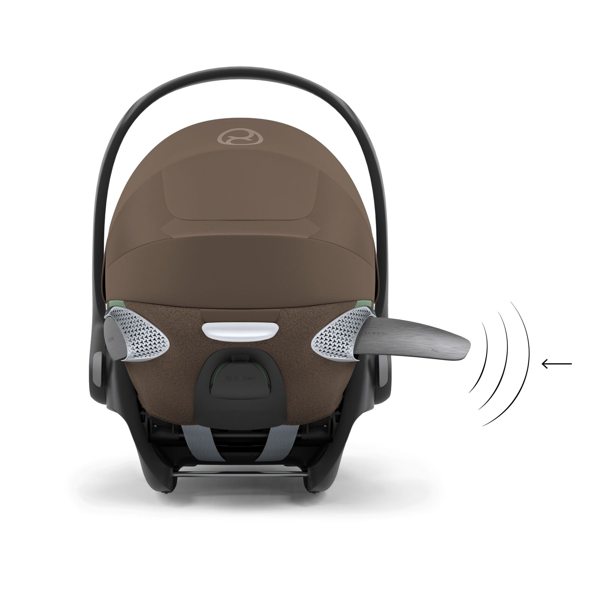Cybex Cloud T car seat in Coconut Brown colourway, highlighting contemporary safety features.