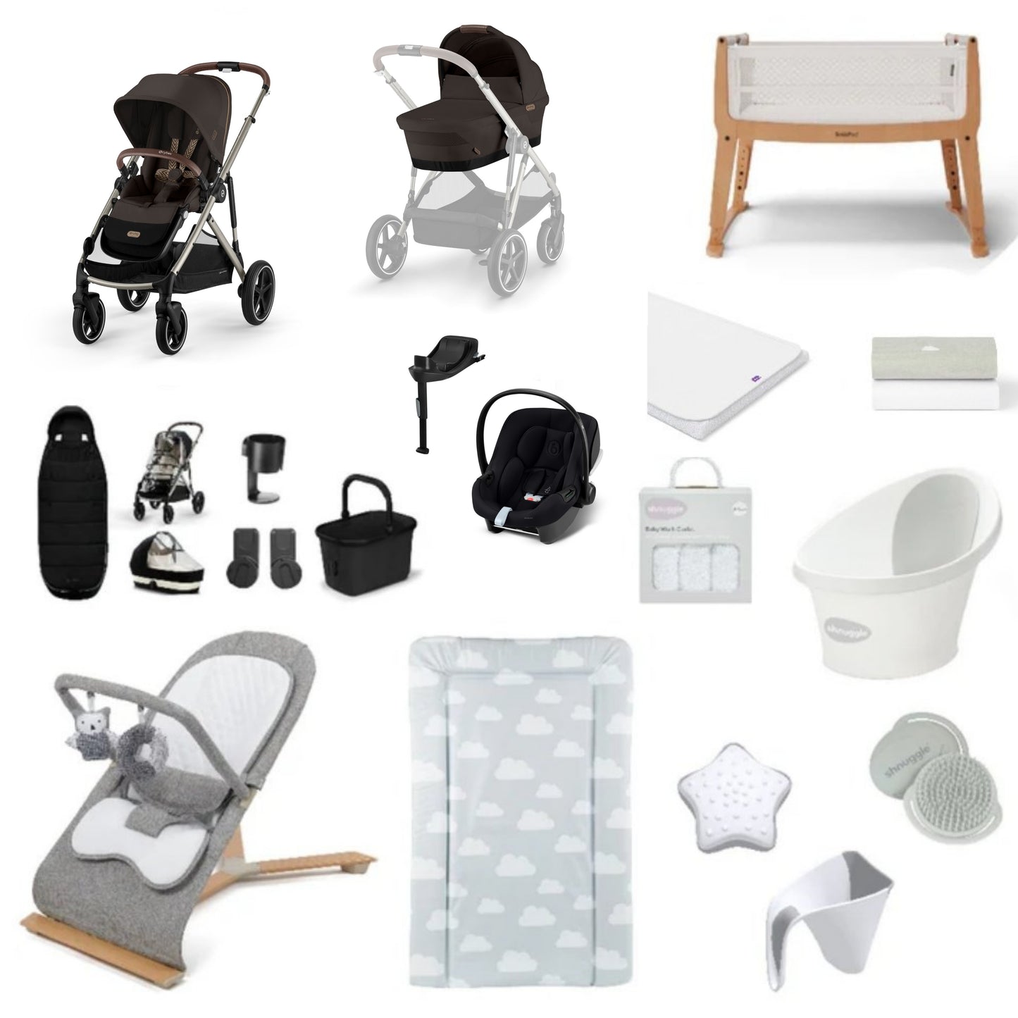 Cybex Gazelle Pushchair & carrycot in Moon Black, complete with all babies essential including car seat, crib, bath and bath time accessories.