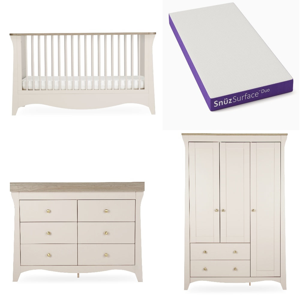 Cuddleco clara luxe 3 piece nursery furniture set in cashmere and ash colour, with Snuz Duo mattress.