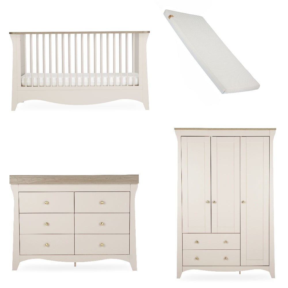 Cuddleco clara luxe 3 piece nursery furniture set in cashmere and ash colour, with lullaby mattress.