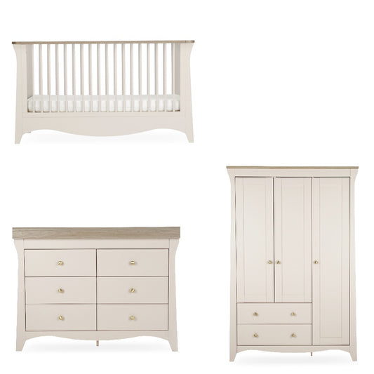 Cuddleco clara luxe 3 piece nursery furniture set in cashmere and ash colour.