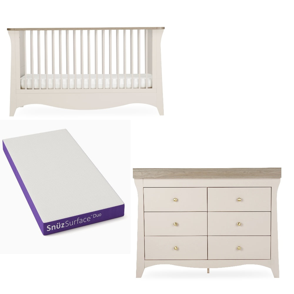 Cuddleco Clara Luxe 2 peice nursery furniture set in cashmere and ash colour, with Snuz Duo mattress.