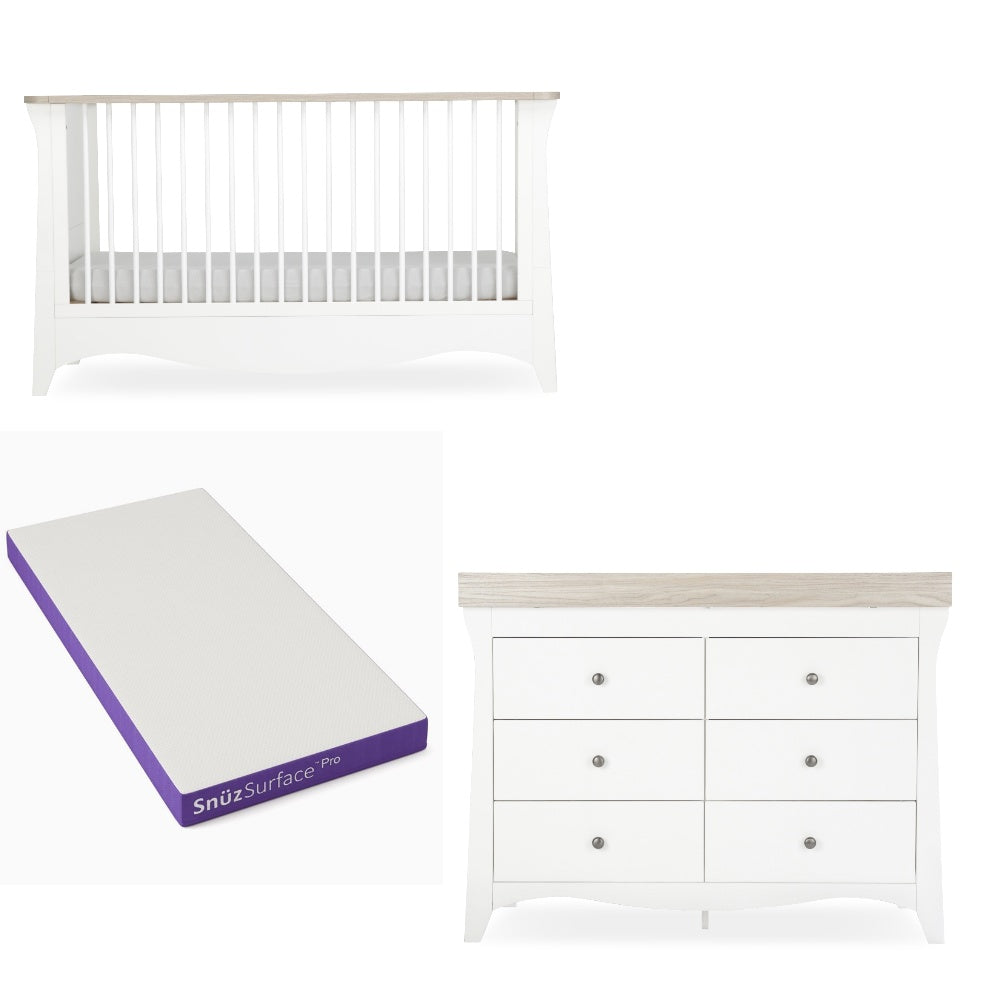Cuddleco Clara Luxe 2 peice nursery furniture set in cashmere and ash colour, with Snuz Pro mattress.