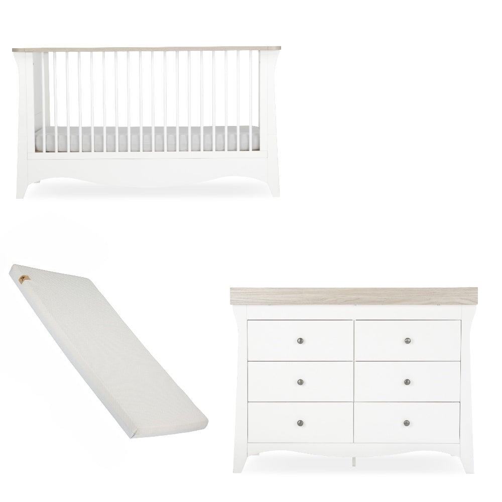Cuddleco Clara Luxe 2 peice nursery furniture set in white and ash colour, with lullaby mattress.
