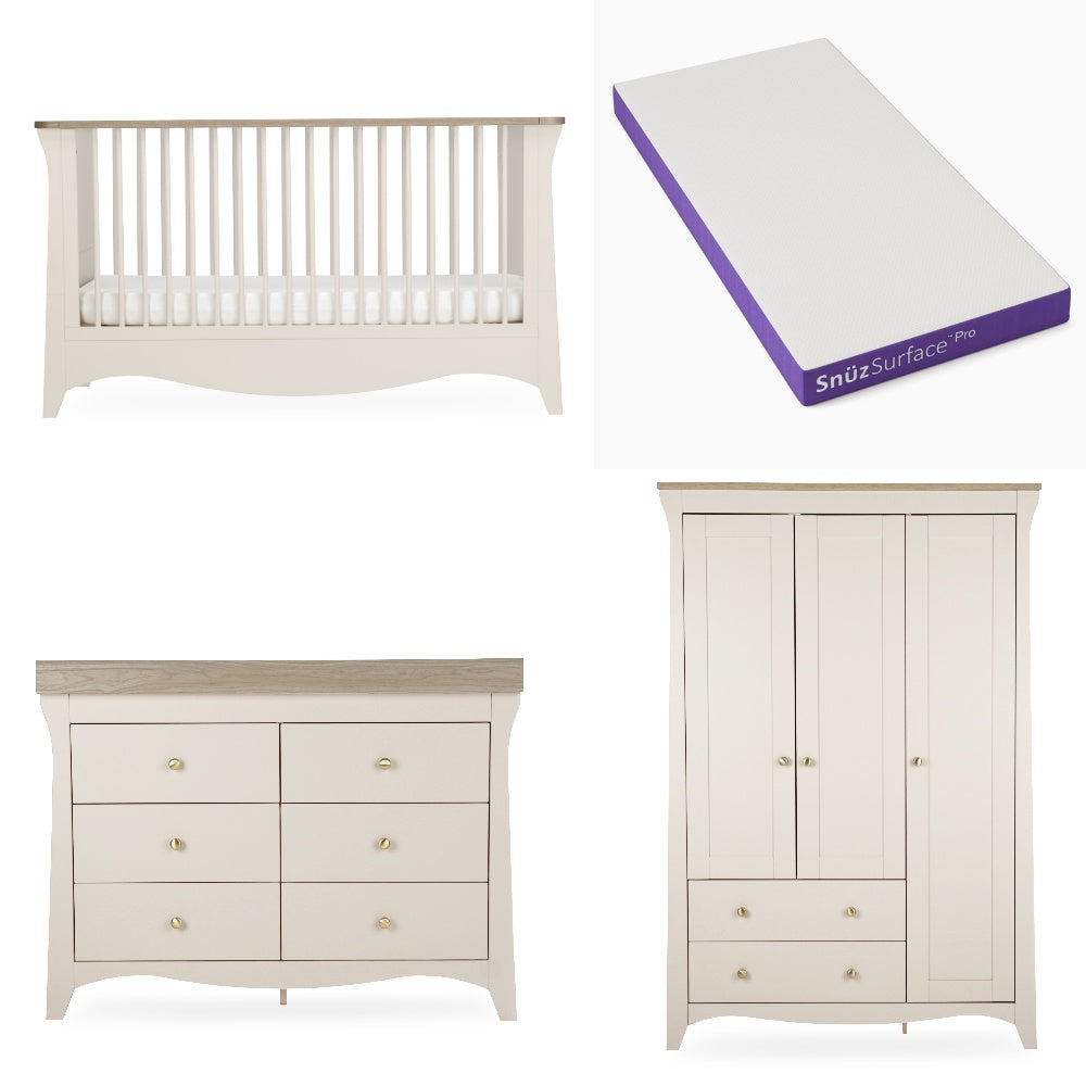 Cuddleco clara luxe 3 piece nursery furniture set in cashmere and ash colour, with Snuz Pro mattress.