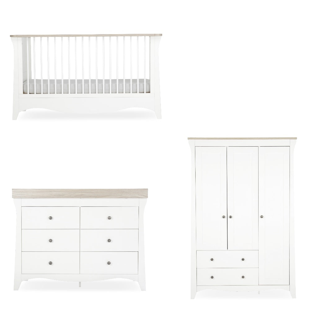 Cuddleco clara luxe 3 piece nursery furniture set in white and ash colour.