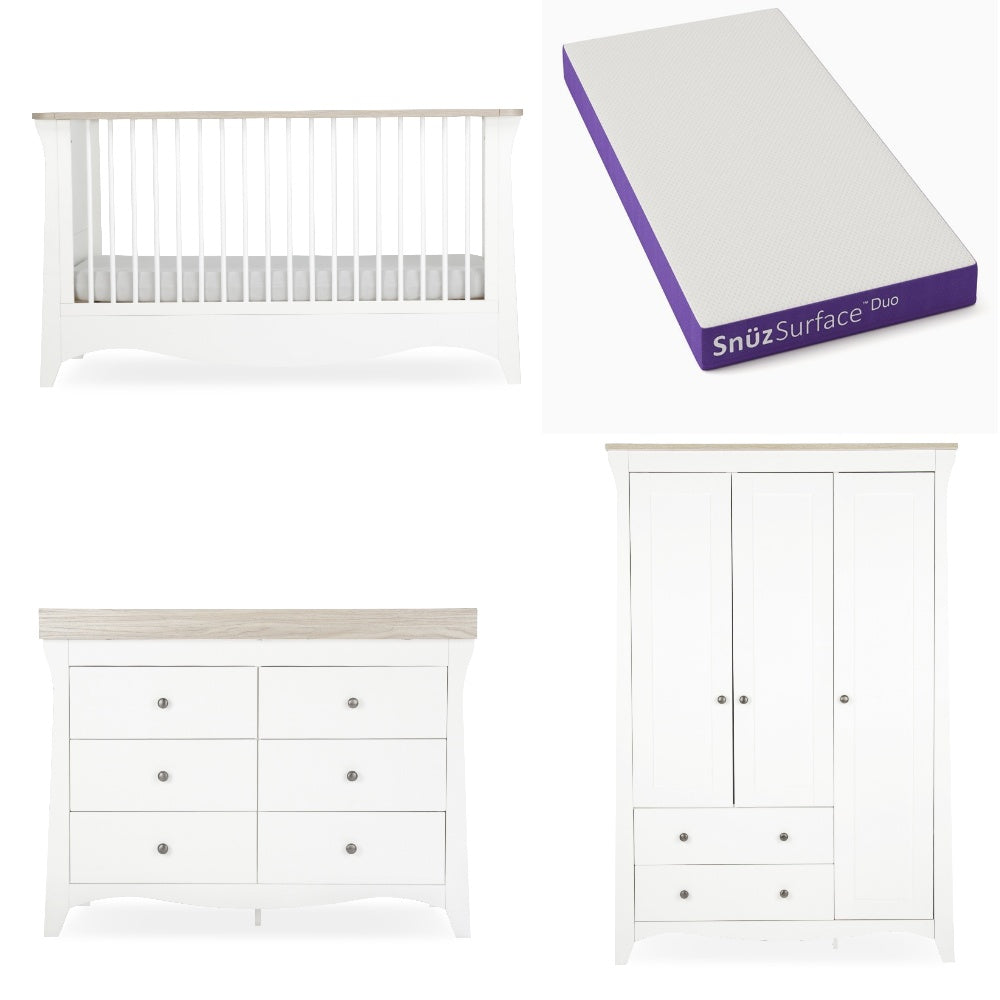 Cuddleco clara luxe 3 piece nursery furniture set in white and ash colour, with Snuz Duo mattress.