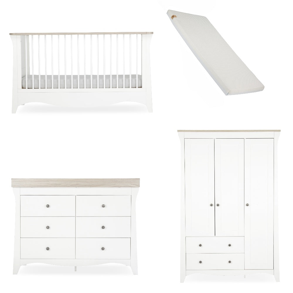 Cuddleco clara luxe 3 piece nursery furniture set in white and ash colour, with lullaby mattress.