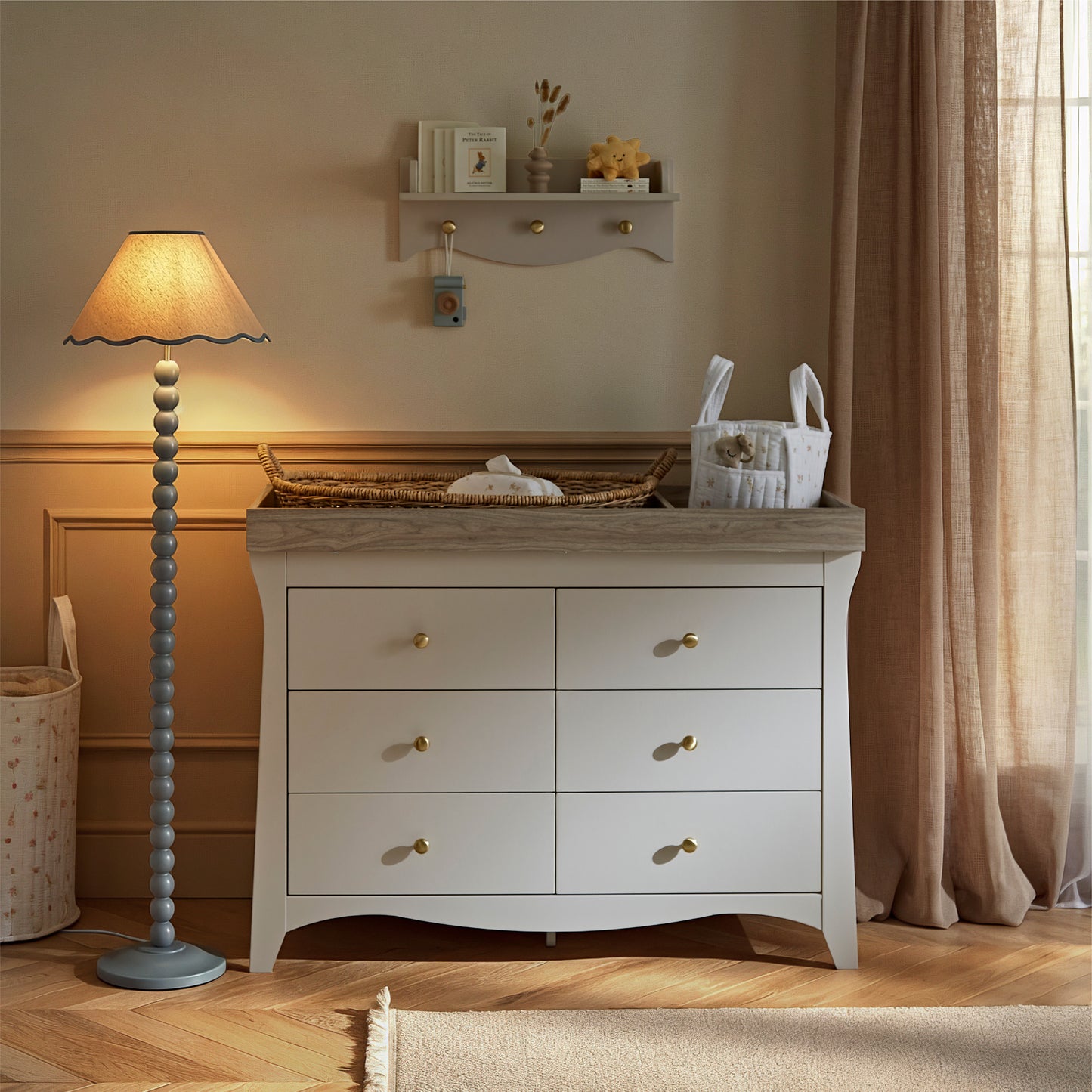 CuddleCo Clara 6 drawer wide dresser with changing top, in cashmere colour with ash colour trim.