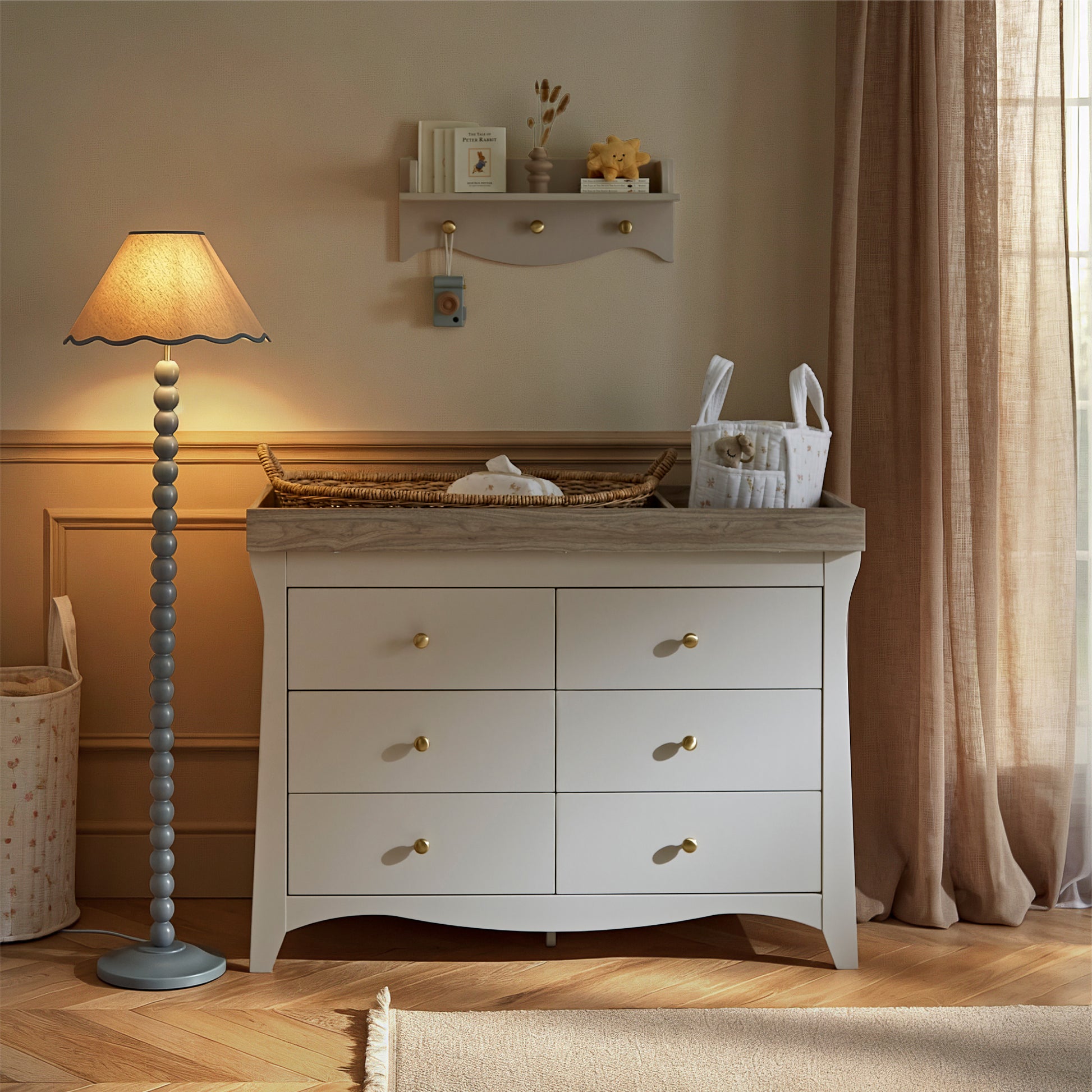 CuddleCo Clara 6 drawer wide dresser with changing top, in cashmere colour with ash colour trim.