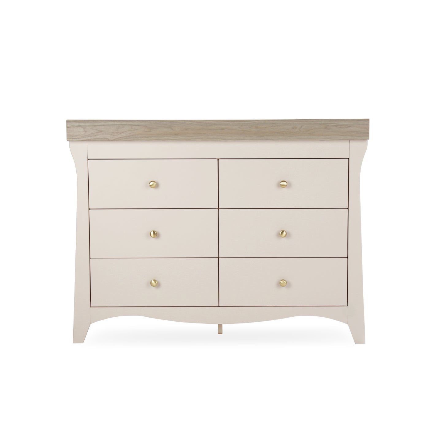 CuddleCo Clara 6 drawer wide dresser with changing top, in cashmere colour with ash colour trim.