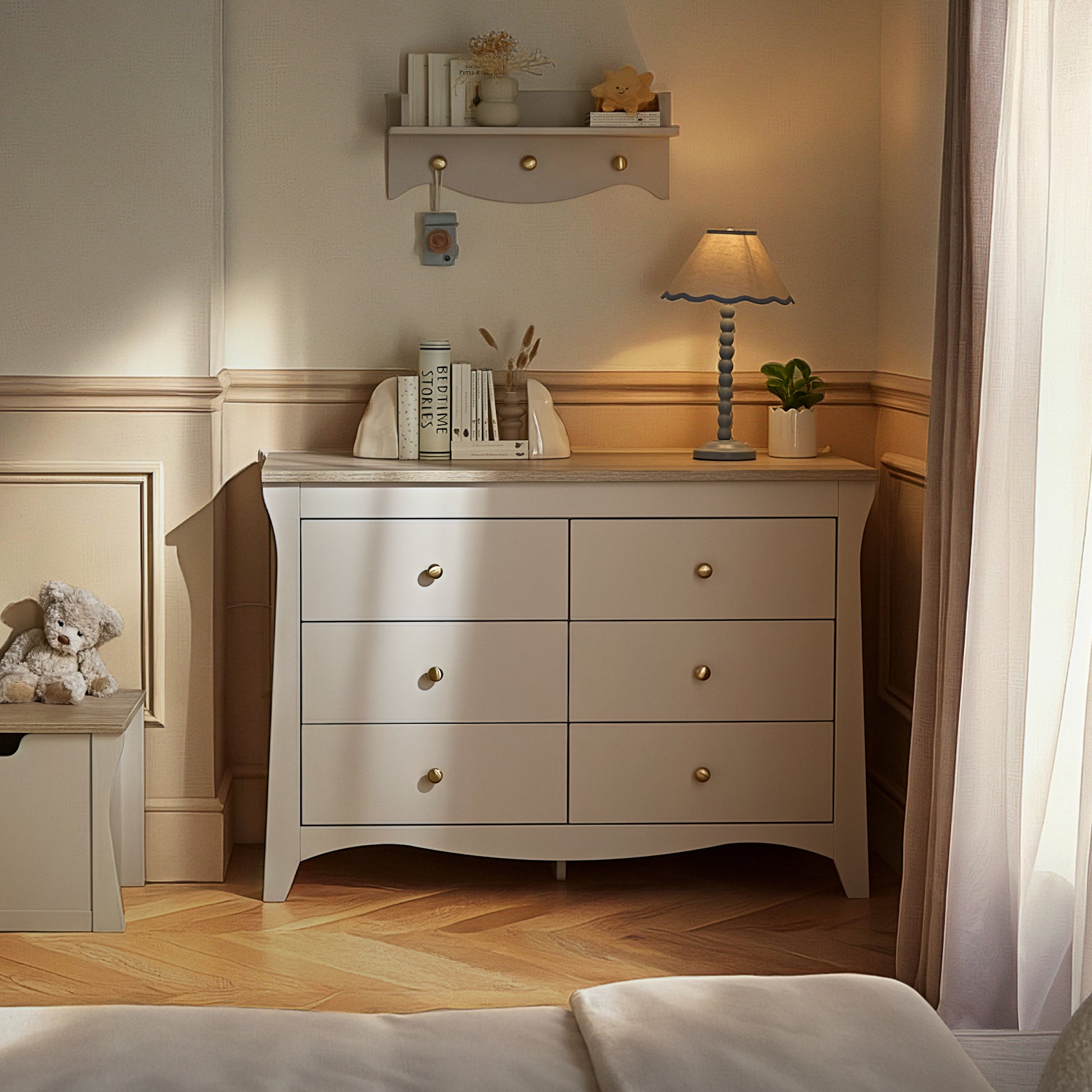 CuddleCo Clara 6 drawer wide dresser with changing top, in cashmere colour with ash colour trim.