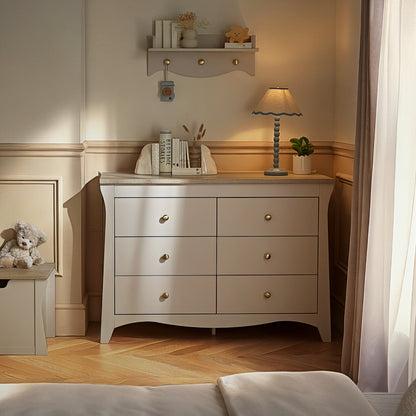 CuddleCo Clara 6 drawer wide dresser with changing top, in cashmere colour with ash colour trim.