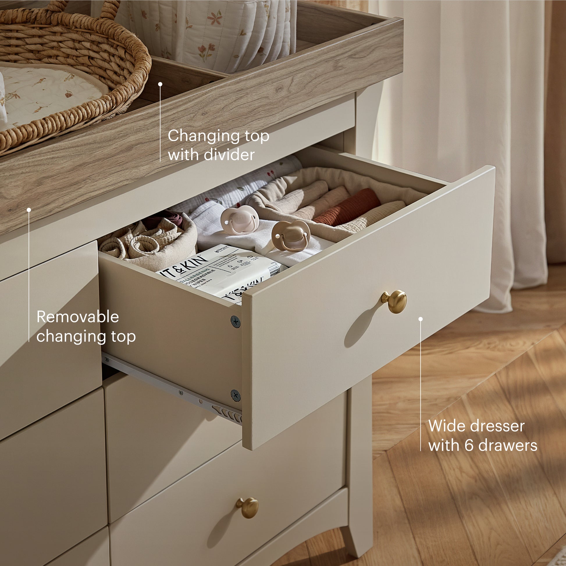 CuddleCo Clara 6 drawer wide dresser with changing top, in cashmere colour with ash colour trim.