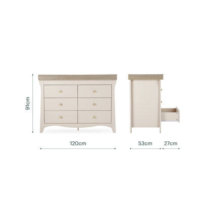 CuddleCo Clara 6 drawer wide dresser with changing top, in cashmere colour with ash colour trim.
