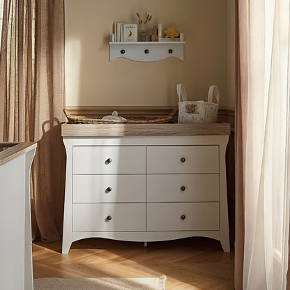CuddleCo 6 drawer wide dresser with changing top, in white white with ash trim.