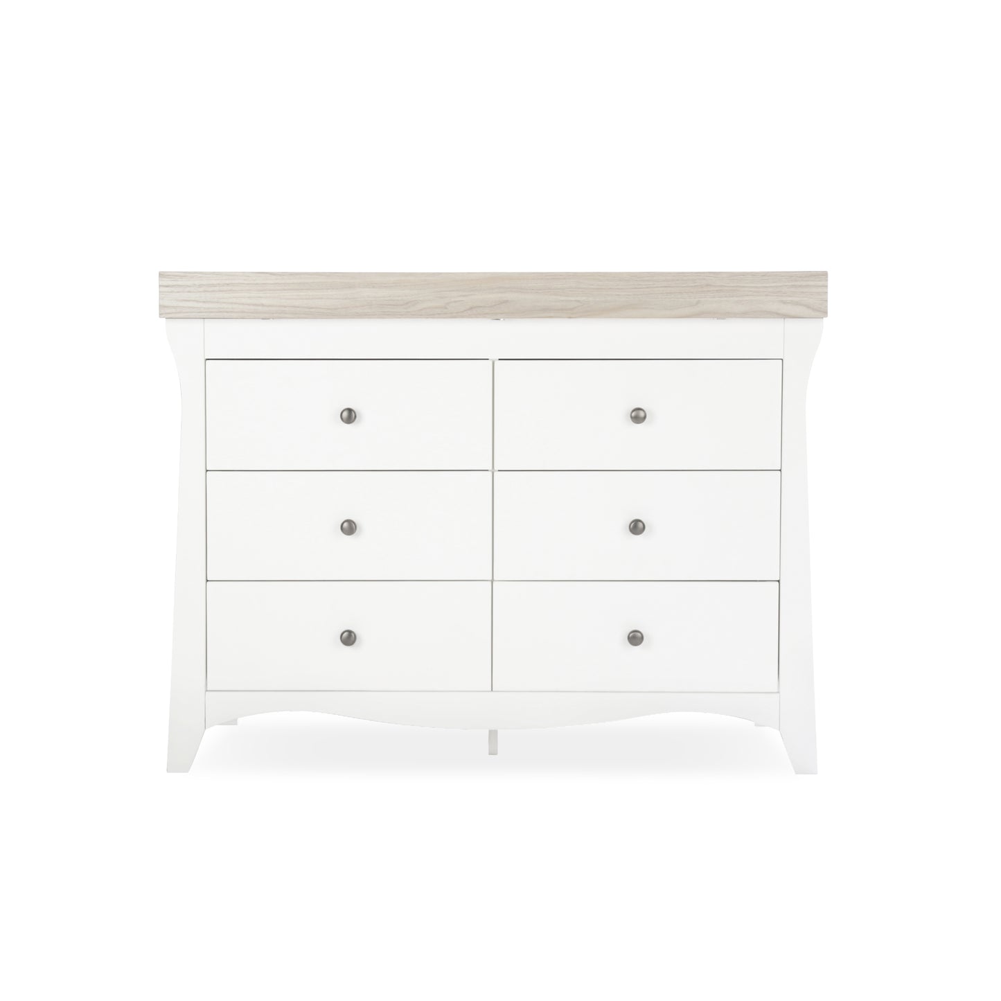 CuddleCo 6 drawer wide dresser with changing top, in white white with ash trim.