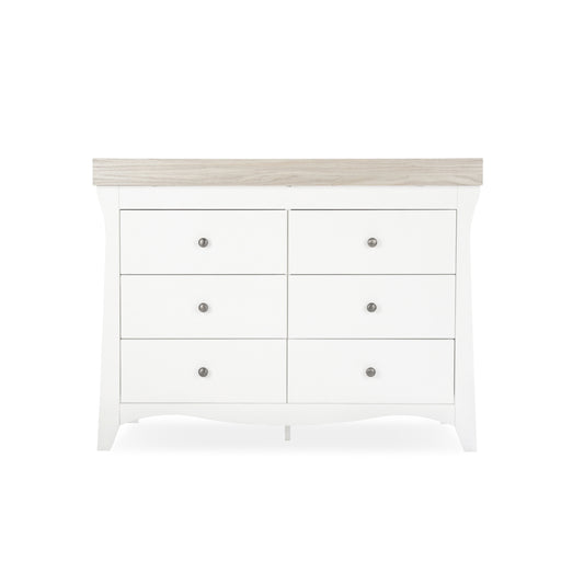 CuddleCo 6 drawer wide dresser with changing top, in white white with ash trim.