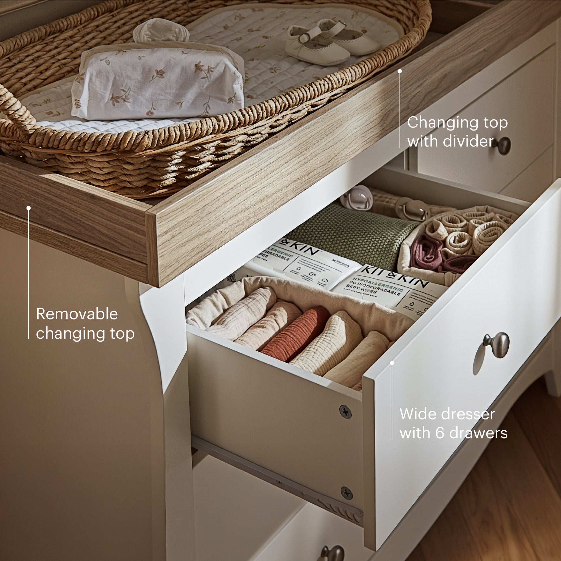 CuddleCo 6 drawer wide dresser with changing top, in white white with ash trim.