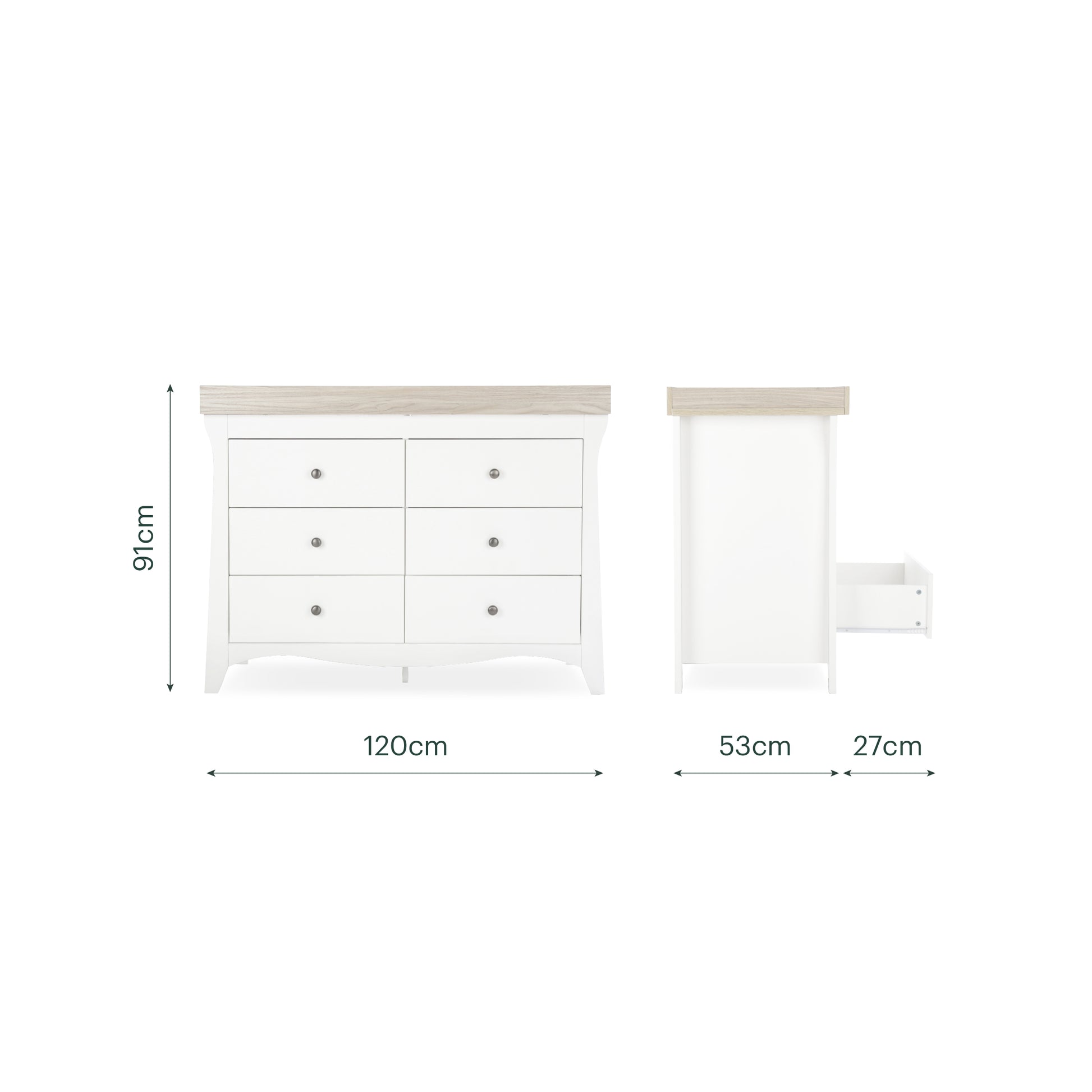 CuddleCo 6 drawer wide dresser with changing top, in white white with ash trim.