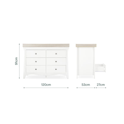 CuddleCo 6 drawer wide dresser with changing top, in white white with ash trim.