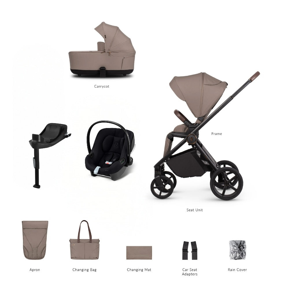 Venicci Claro 2 travel system in almond beige with cybex aton B2 car seat and isofix base.