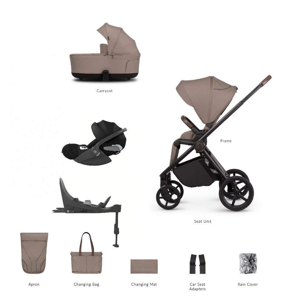 Venicci Claro 2 travel system in almond beige with cybex cloud t car seat and isofix base.