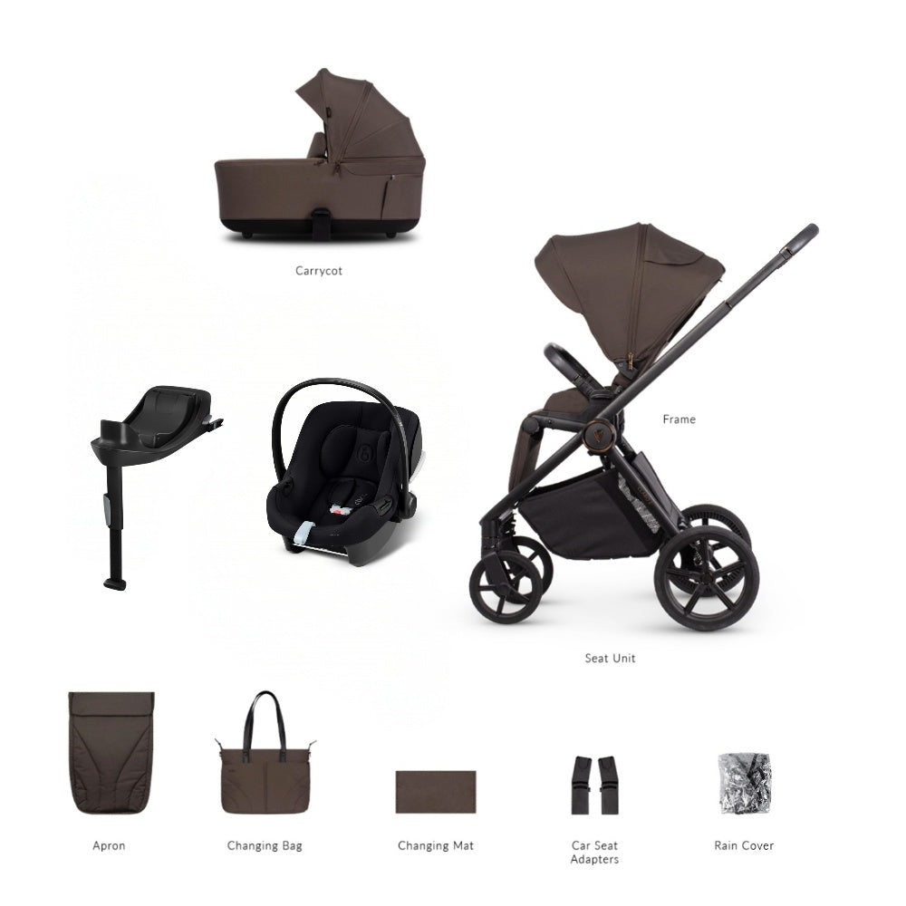 Venicci Claro 2 travel system in chocolate brown with cybex aton B2 car seat and isofix base.
